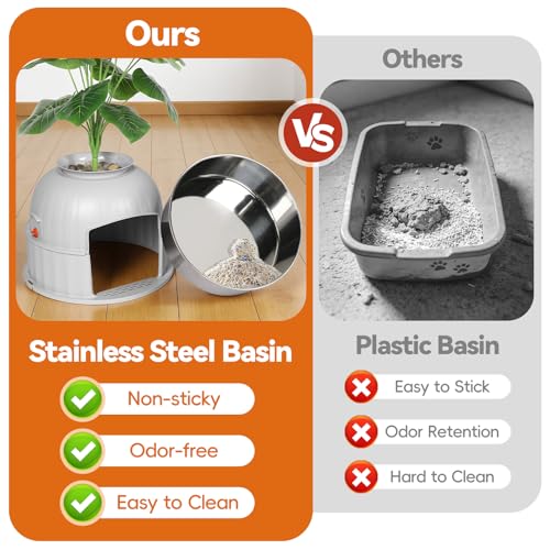 Bartuke Hidden Cat Litter Box Enclosure with Artificial Plant, Stainless Steel Litter Box Furniture, Decorative Round Planter Includes Scoop, Pebbles, Carbon Filter, Easy to Clean (Light Grey) - Image 4