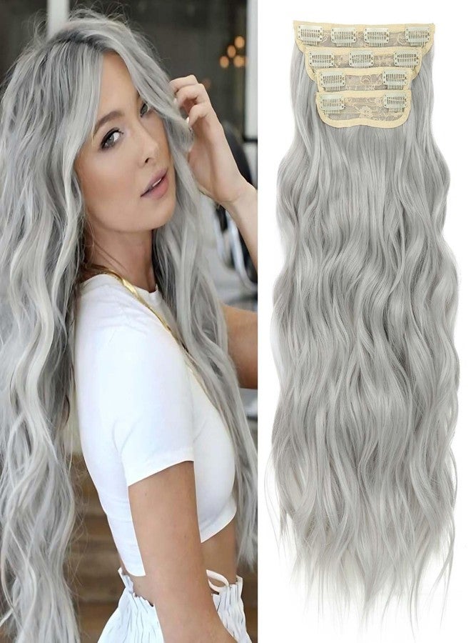 Perience Silver Hair Extensions Clip ins 4PCS 20Inch Long Wavy Grey Clip in Hair Extensions Gray Thick Soft Hair Double Weft Hairpieces for Women (20 INCH, 60#) - Image 1