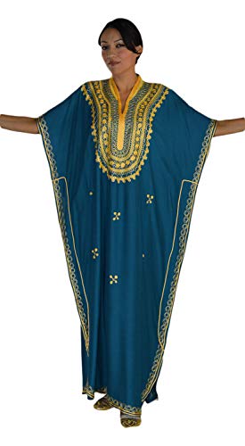Treasures Of Morocco Moroccan Caftan Handmade with Gold Hand Embroidery Long Length Teal Blue - Image 1