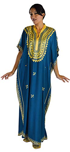Treasures Of Morocco Moroccan Caftan Handmade with Gold Hand Embroidery Long Length Teal Blue - Image 3