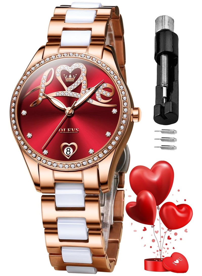 أوليفز ساعة OLEVS النسائية الأوتوماتيكية الأنيقة الرسمية الميكانيكية ذاتية التعبئة مع عرض التاريخ، باللونين الذهبي الوردي والسيراميك المقاوم للماء والمضيئ، 6686 - Image 1