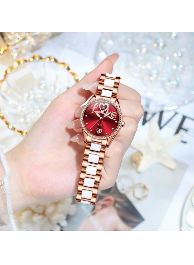 أوليفز ساعة OLEVS النسائية الأوتوماتيكية الأنيقة الرسمية الميكانيكية ذاتية التعبئة مع عرض التاريخ، باللونين الذهبي الوردي والسيراميك المقاوم للماء والمضيئ، 6686 - Image 3