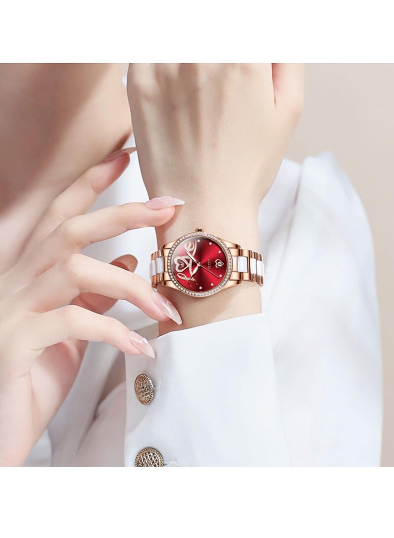 أوليفز ساعة OLEVS النسائية الأوتوماتيكية الأنيقة الرسمية الميكانيكية ذاتية التعبئة مع عرض التاريخ، باللونين الذهبي الوردي والسيراميك المقاوم للماء والمضيئ، 6686 - Image 4