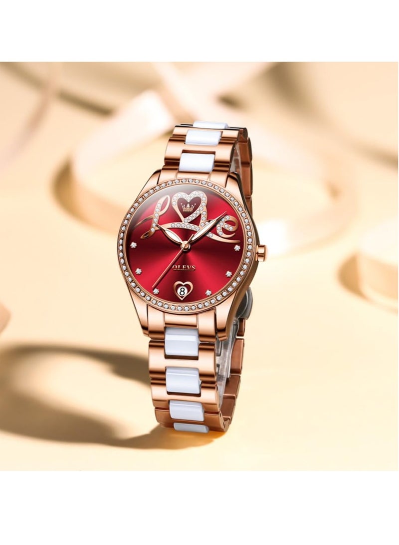 أوليفز ساعة OLEVS النسائية الأوتوماتيكية الأنيقة الرسمية الميكانيكية ذاتية التعبئة مع عرض التاريخ، باللونين الذهبي الوردي والسيراميك المقاوم للماء والمضيئ، 6686 - Image 5