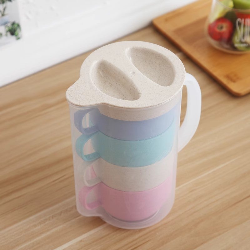 Outdoor Wheat Straw Household Cool Kettle Set Environmental Protection and Hygiene Cold Kettle with Cup High Temperature Resistant Juice Teapot Nordic four-color mixed color 5-piece set 