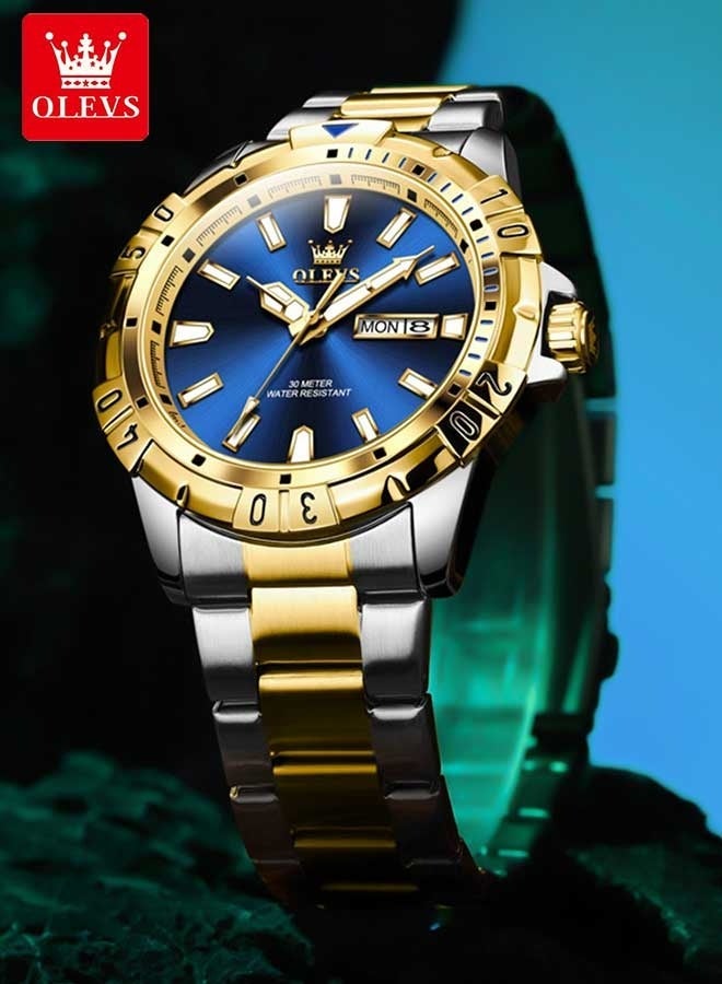 OLEVS ساعات OLEVS للرجال ساعة كوارتز من الفولاذ المقاوم للصدأ مقاومة للماء للأعمال 42 مم ذهبية زرقاء - Image 1