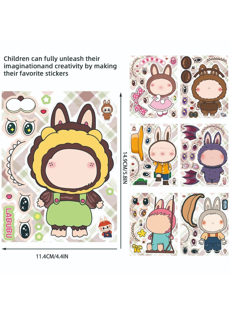 LABUBU 8 Sheets/Set Cartoon LABUBU Stickers Waterproof Make a Face Puzzle Stickers DIY Craft for Kids  - Image 3