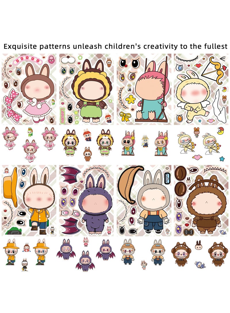 LABUBU 8 Sheets/Set Cartoon LABUBU Stickers Waterproof Make a Face Puzzle Stickers DIY Craft for Kids  - Image 4