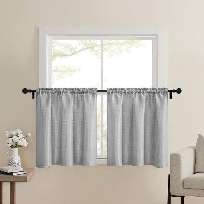 GREY WAFFLE BATHROOM WINDOW CURTAINS SHORT WATER REPELLENT ROD POCKET FOR SMALL KITCHEN WINDOW 36 W X 24 L INCH EACH