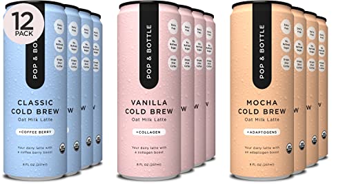 Pop & Bottle Pop  Bottle Oat Milk Lattes  Cold Brew Maca Antioxidants Ashwagandha MCT Oil Collagen Organic Diary Free Gluten Free Lightly Sweetened with Dates  Variety 8 Fl Oz 12 Pack - Image 1