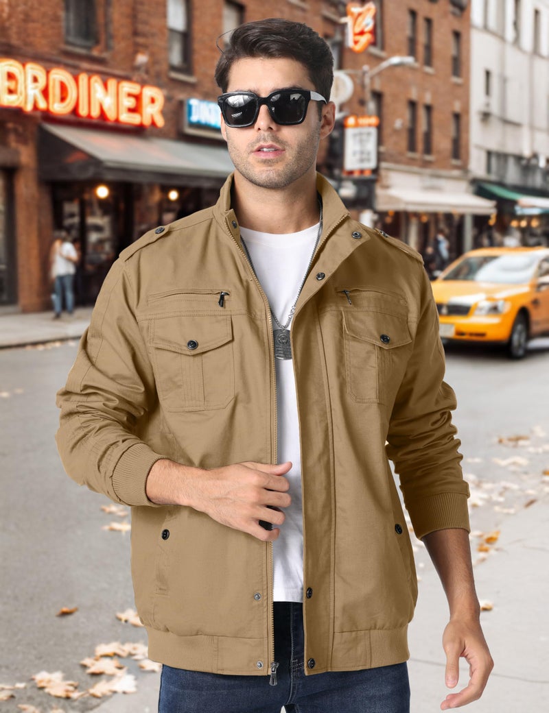 CRYSULLY Men's Cotton Lightweight Multi Pockets Zip Front Stand Collar Military Jackets Windbreaker - Image 3