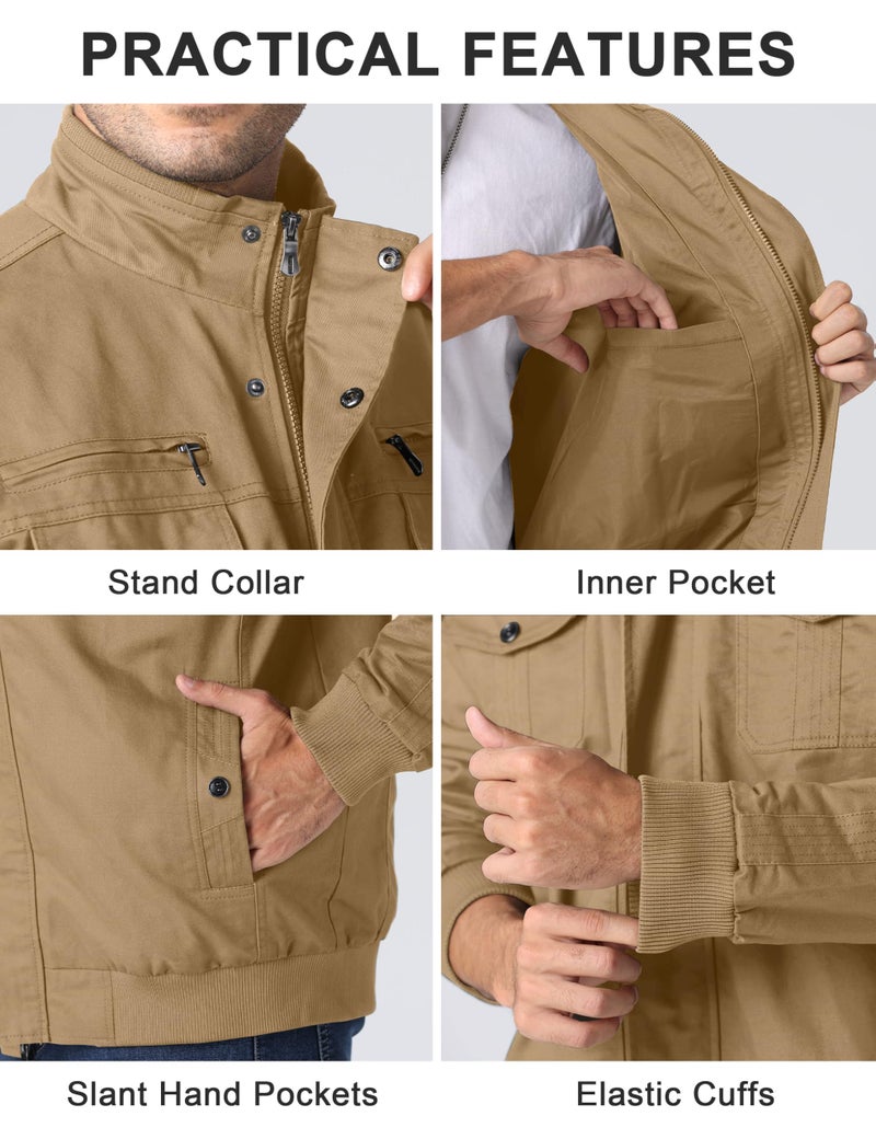 CRYSULLY Men's Cotton Lightweight Multi Pockets Zip Front Stand Collar Military Jackets Windbreaker - Image 5