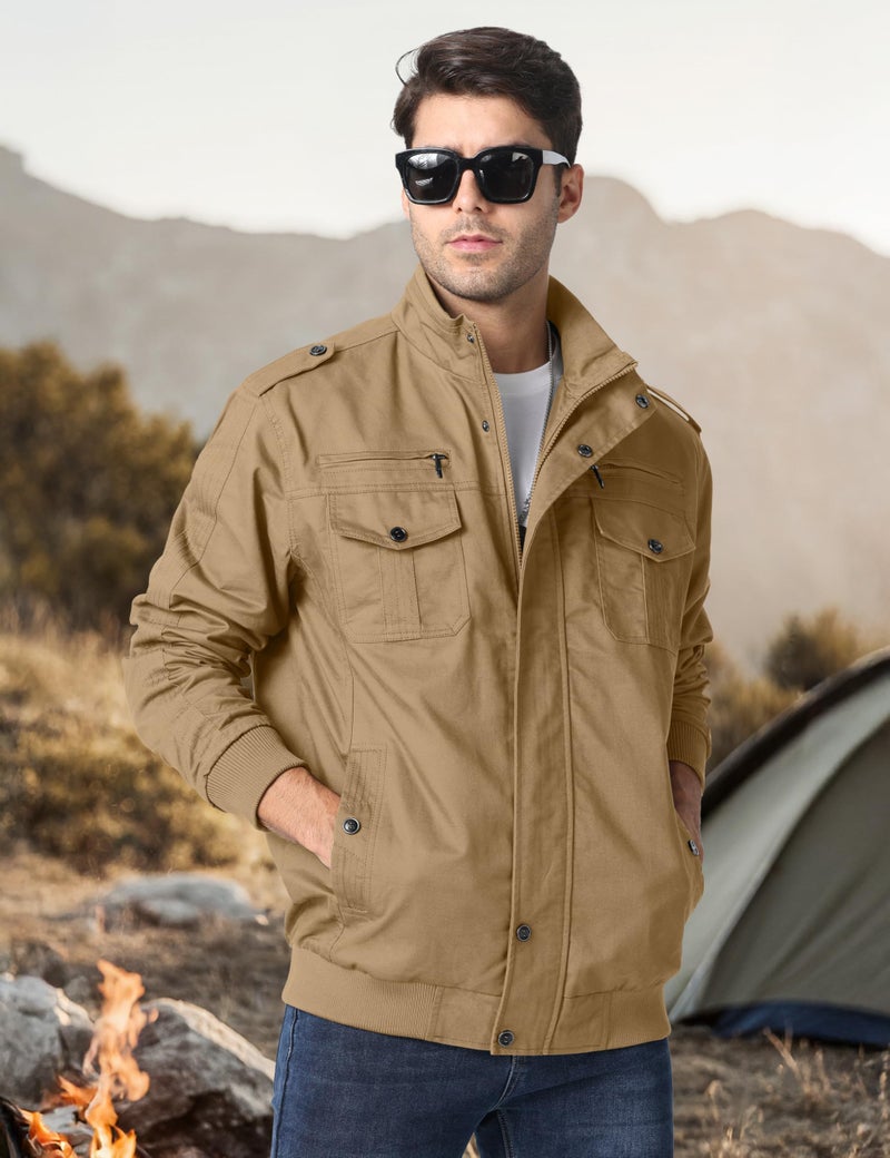 CRYSULLY Men's Cotton Lightweight Multi Pockets Zip Front Stand Collar Military Jackets Windbreaker - Image 4