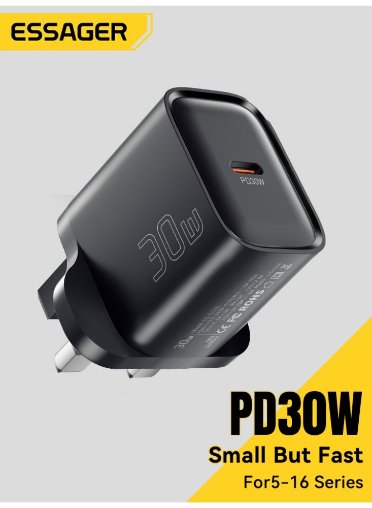 ESSAGER 30W UK Plug Fast Charger, PD 3.0 Wall Charger and Power Adapter, Compact USB C Charger and Travel Charger for Phone and Tablet, Black - Image 1