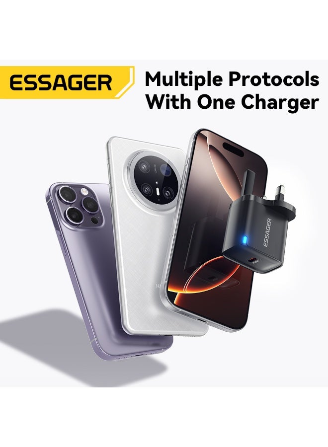 ESSAGER 30W UK Plug Fast Charger, PD 3.0 Wall Charger and Power Adapter, Compact USB C Charger and Travel Charger for Phone and Tablet, Black - Image 4