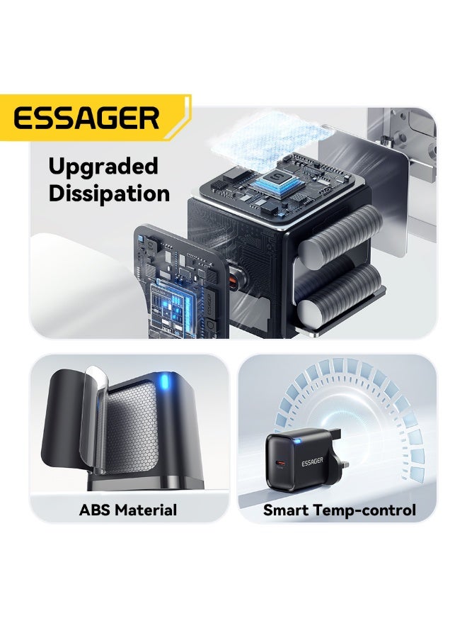 ESSAGER 30W UK Plug Fast Charger, PD 3.0 Wall Charger and Power Adapter, Compact USB C Charger and Travel Charger for Phone and Tablet, Black - Image 5