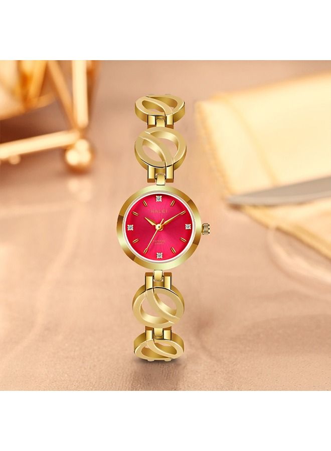 HALEI Harley Women's Light Luxury Bracelet Watch 5004L - 24mm Gold Sun Dial Red Stainless Steel Band - Elegant Dress Watch for Women - Perfect Gift - Image 1