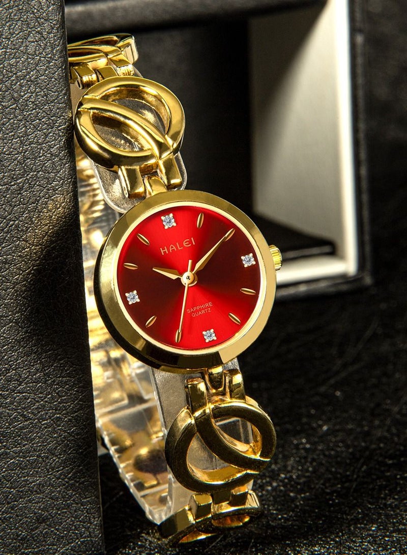 HALEI Harley Women's Light Luxury Bracelet Watch 5004L - 24mm Gold Sun Dial Red Stainless Steel Band - Elegant Dress Watch for Women - Perfect Gift - Image 2