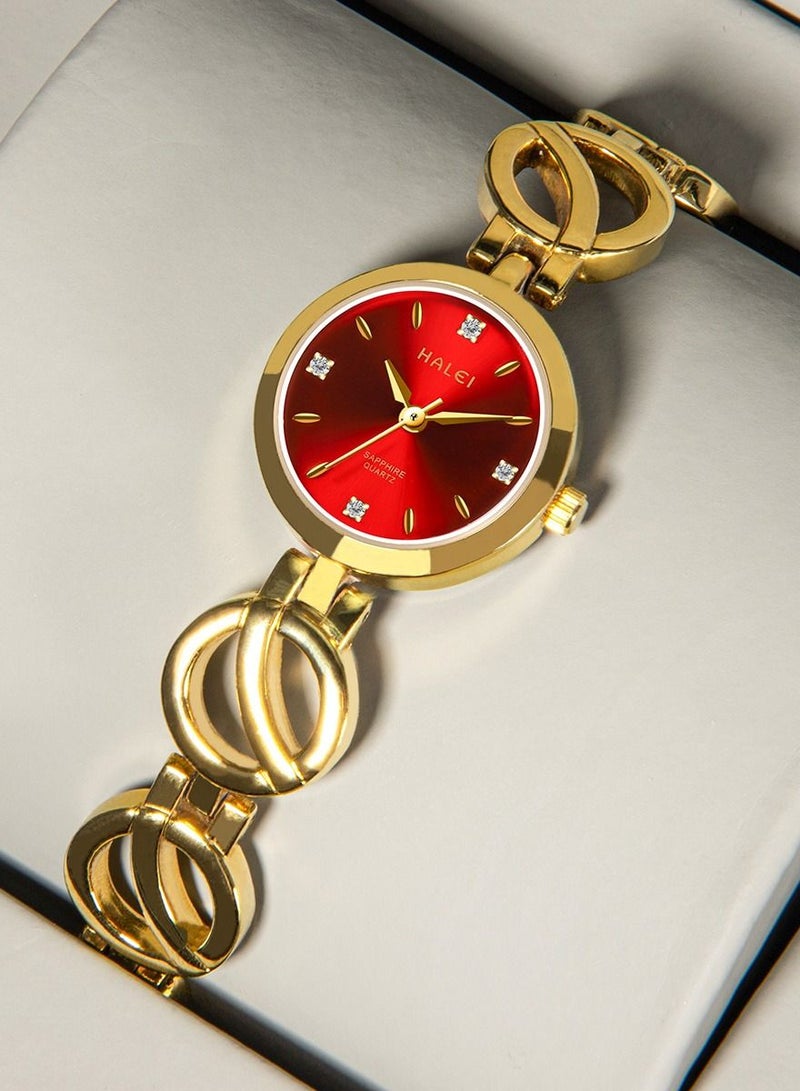HALEI Harley Women's Light Luxury Bracelet Watch 5004L - 24mm Gold Sun Dial Red Stainless Steel Band - Elegant Dress Watch for Women - Perfect Gift - Image 4
