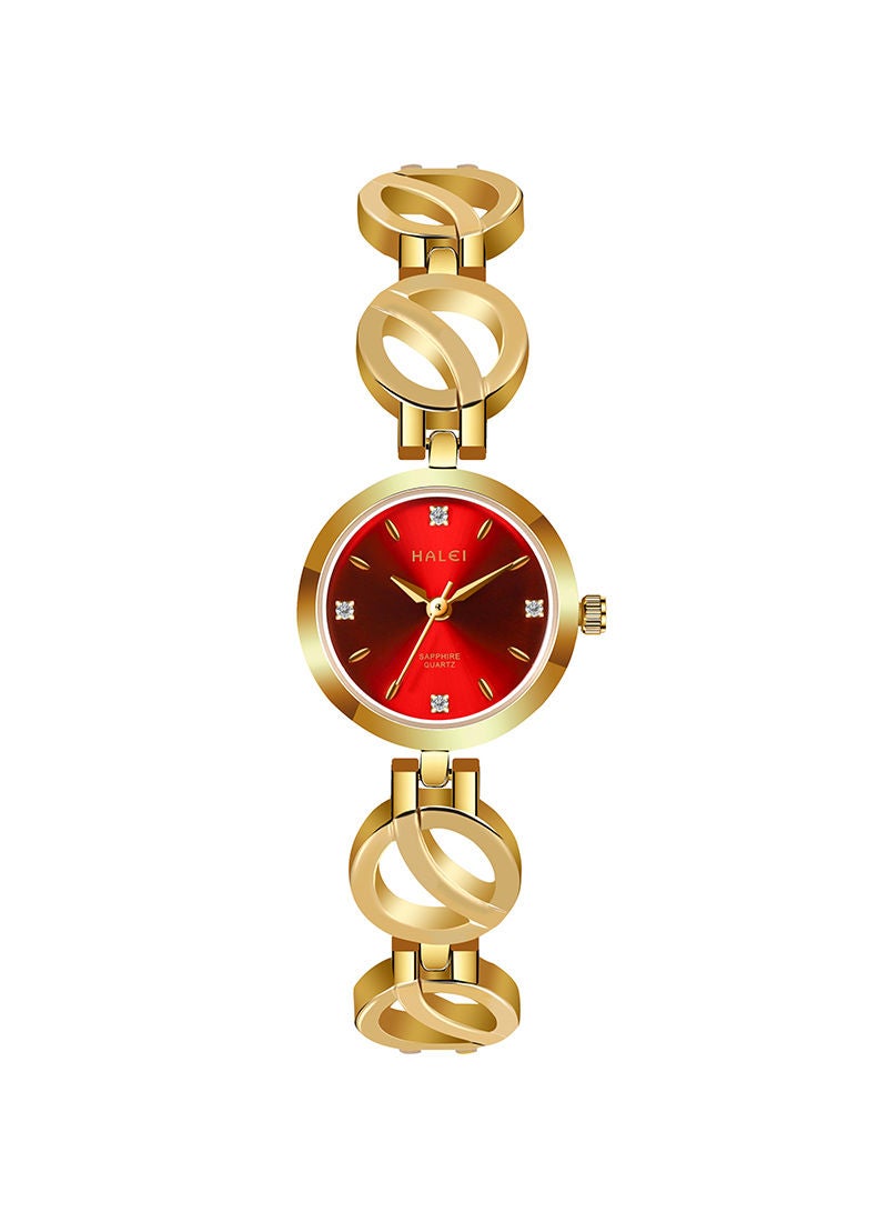HALEI Harley Women's Light Luxury Bracelet Watch 5004L - 24mm Gold Sun Dial Red Stainless Steel Band - Elegant Dress Watch for Women - Perfect Gift - Image 5