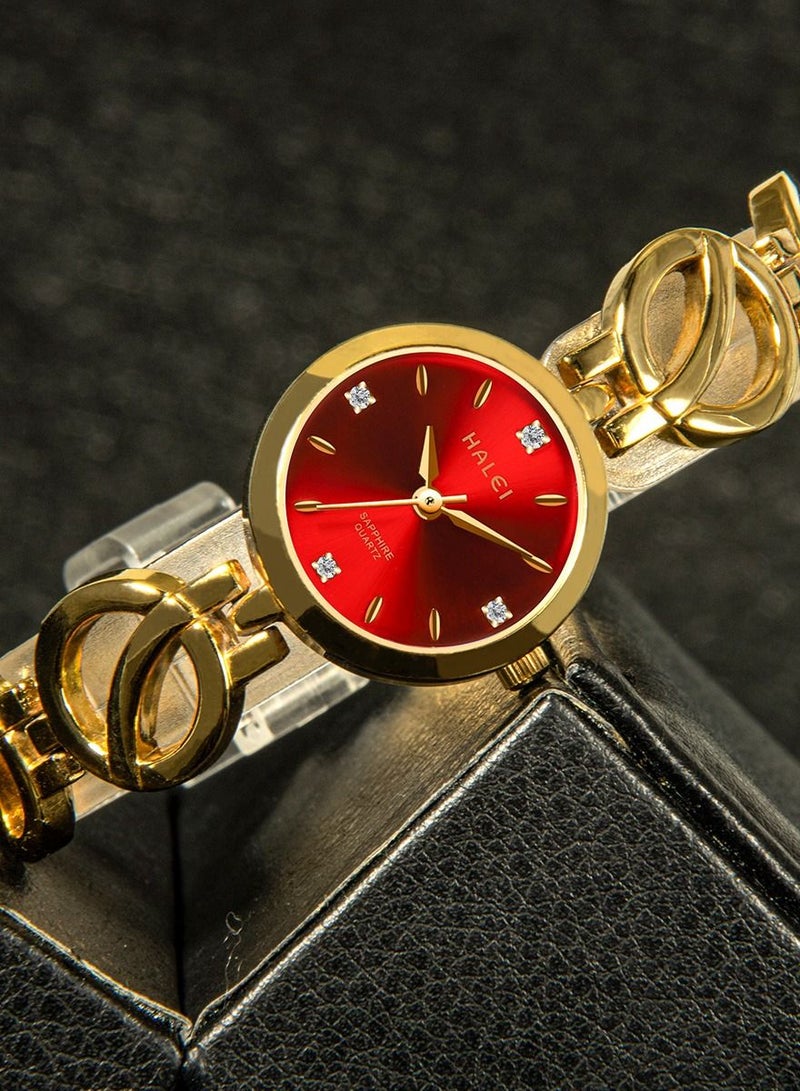 HALEI Harley Women's Light Luxury Bracelet Watch 5004L - 24mm Gold Sun Dial Red Stainless Steel Band - Elegant Dress Watch for Women - Perfect Gift - Image 3