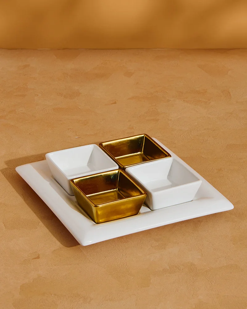 REDTAG Oval Appetizer Bowl Set with White and Gold Ceramic Tray & Accent Bowls (5 Piece)