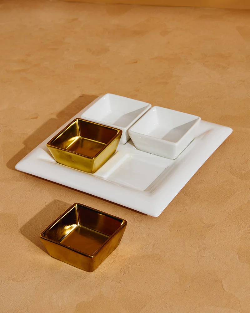 REDTAG Oval Appetizer Bowl Set with White and Gold Ceramic Tray & Accent Bowls (5 Piece)