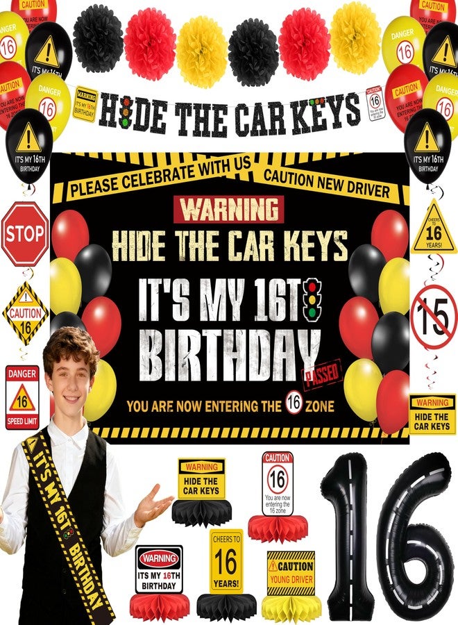 THAWAY 16th Birthday Decorations for Boys 52pcs - 16 Birthday Decorations Boy, Hide The Car Keys Happy 16th Birthday Banner Backdrop Balloons Sash Hanging Swirls, Caution Logo for 16 Years Old Party Supplies - Image 1