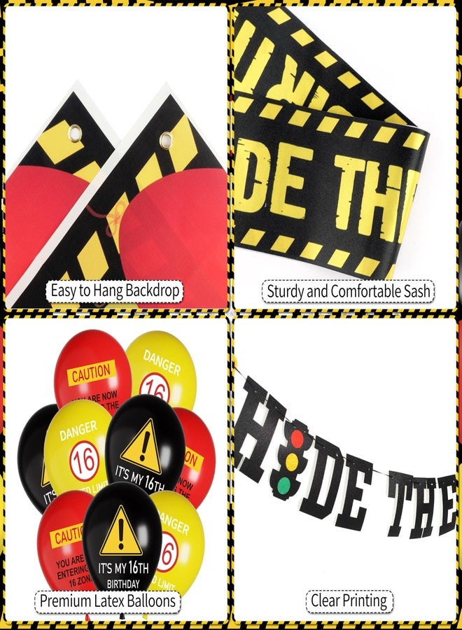 THAWAY 16th Birthday Decorations for Boys 52pcs - 16 Birthday Decorations Boy, Hide The Car Keys Happy 16th Birthday Banner Backdrop Balloons Sash Hanging Swirls, Caution Logo for 16 Years Old Party Supplies - Image 3