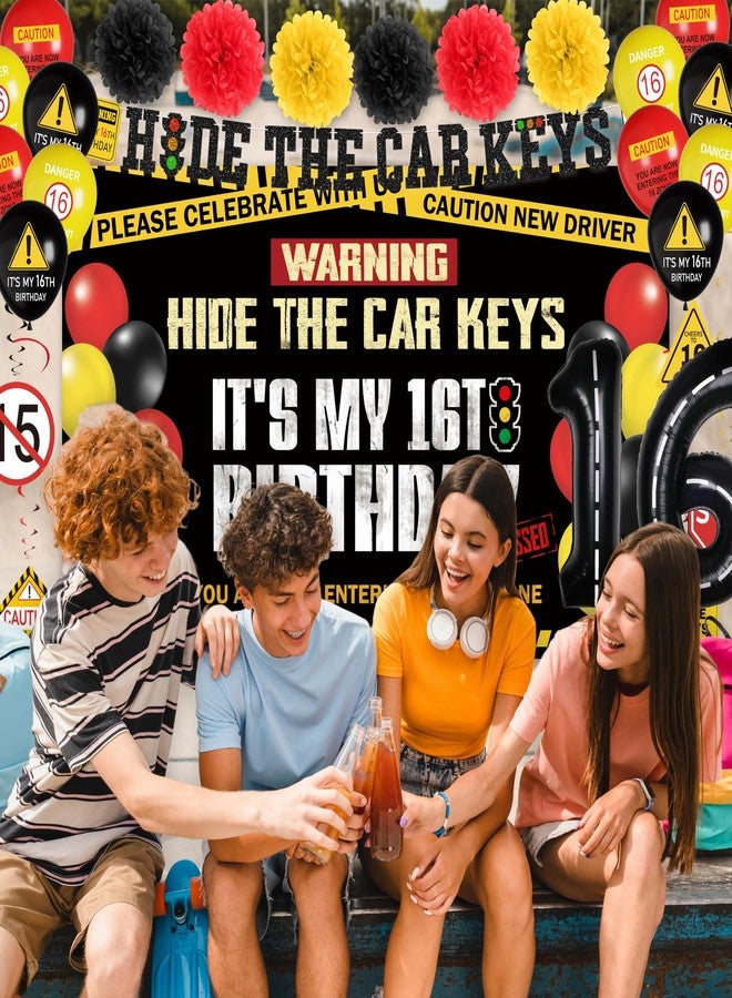 THAWAY 16th Birthday Decorations for Boys 52pcs - 16 Birthday Decorations Boy, Hide The Car Keys Happy 16th Birthday Banner Backdrop Balloons Sash Hanging Swirls, Caution Logo for 16 Years Old Party Supplies - Image 5