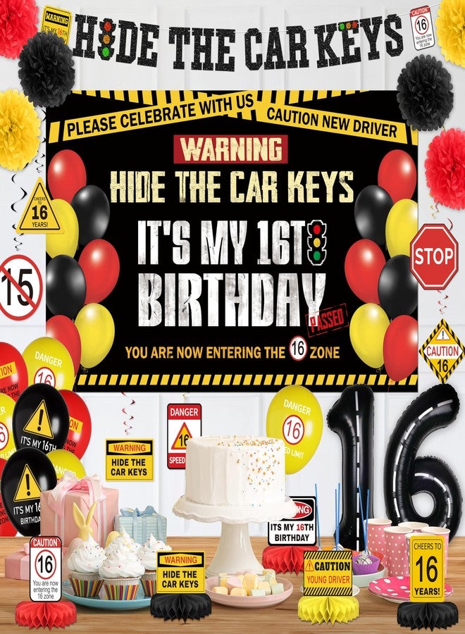 THAWAY 16th Birthday Decorations for Boys 52pcs - 16 Birthday Decorations Boy, Hide The Car Keys Happy 16th Birthday Banner Backdrop Balloons Sash Hanging Swirls, Caution Logo for 16 Years Old Party Supplies - Image 4