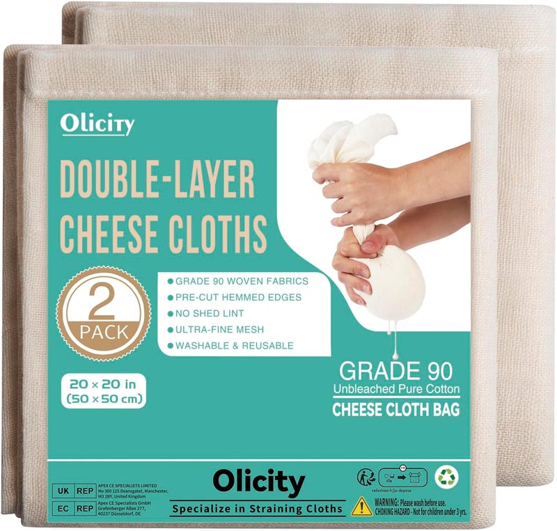 Olicity Cheese Cloths, 2PCS, Double-Layer, 20x20Inch, Reusable Grade 90 Cheese Cloth Bag for Straining, Hemmed Unbleached Cotton Precut Fine Mesh Muslin Cheesecloth for Juicing, Butter, Canning - Image 1