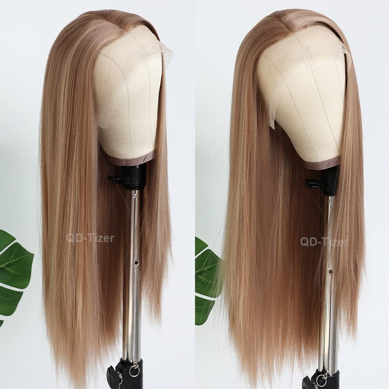 QD-Tizer Blonde Hair Highlights Blonde Brown Lace Front Wig Long Straight Hair Wigs Heat Resistant Fiber Hair Glueless Synthetic Lace Front Wigs for Fashion Women - Image 2