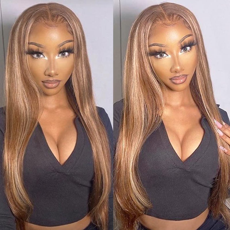 QD-Tizer Blonde Hair Highlights Blonde Brown Lace Front Wig Long Straight Hair Wigs Heat Resistant Fiber Hair Glueless Synthetic Lace Front Wigs for Fashion Women - Image 3