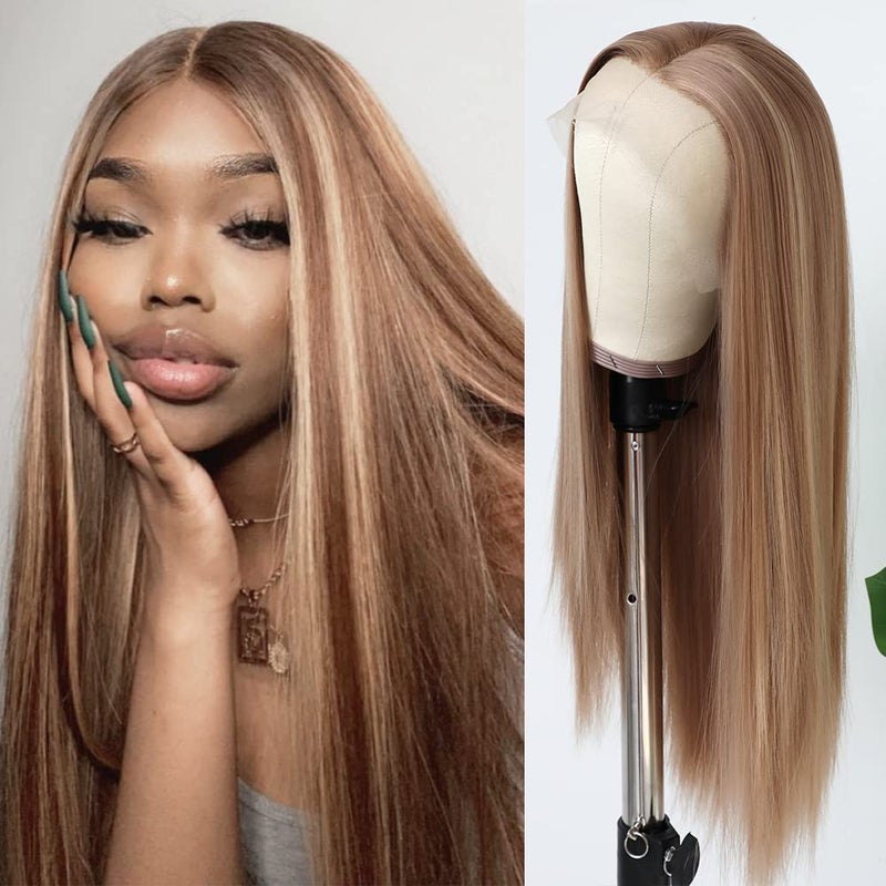 QD-Tizer Blonde Hair Highlights Blonde Brown Lace Front Wig Long Straight Hair Wigs Heat Resistant Fiber Hair Glueless Synthetic Lace Front Wigs for Fashion Women - Image 1