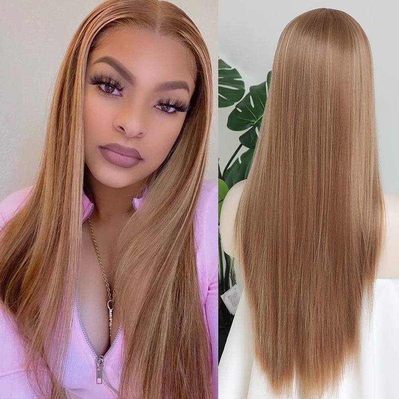 QD-Tizer Blonde Hair Highlights Blonde Brown Lace Front Wig Long Straight Hair Wigs Heat Resistant Fiber Hair Glueless Synthetic Lace Front Wigs for Fashion Women - Image 5