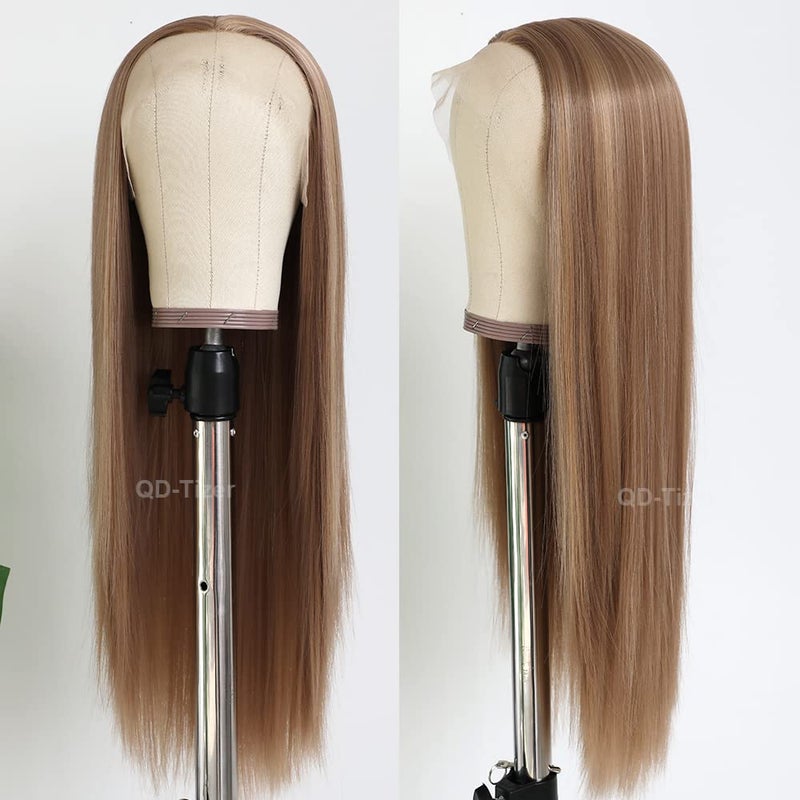 QD-Tizer Blonde Hair Highlights Blonde Brown Lace Front Wig Long Straight Hair Wigs Heat Resistant Fiber Hair Glueless Synthetic Lace Front Wigs for Fashion Women - Image 4
