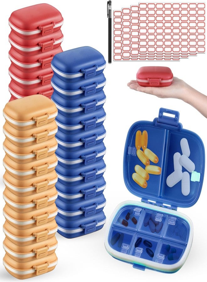 Layhit صناديق حبوب السفر 30 قطعة من لايهيت - علبة صغيرة محمولة لتنظيم الحبوب مع 8 أقسام - موزع يومي للفيتامينات وتنظيم المجوهرات مع ملصقات وقلم واحد (أصفر، أحمر بطيخ، أزرق داكن) - Image 1