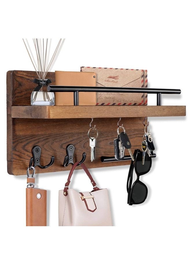 HOMESTAR Wall Mounted Key Holder/Hangers for Wall Decorative with 5 Key Hooks, Wooden Mail Rack Organizer with Shelf, Rustic Home Decor for Entryway Mudroom Hallway Office, Brown - Image 1