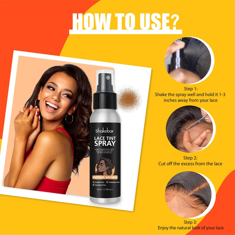 SHAKEBAR Lace Tint Spray for Wigs, 2.7 Fl Oz Medium Brown Shade, Quick Dry Formula for Even and Natural Look - Image 3