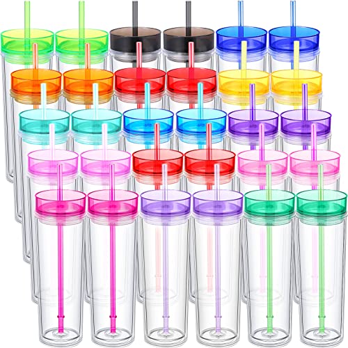 Hoolerry 30 Pcs Acrylic Skinny Tumblers 16 oz Double Wall PS Tumblers with Lids and Straws Bulk for Drink Party Birthday Gifts Multicolor