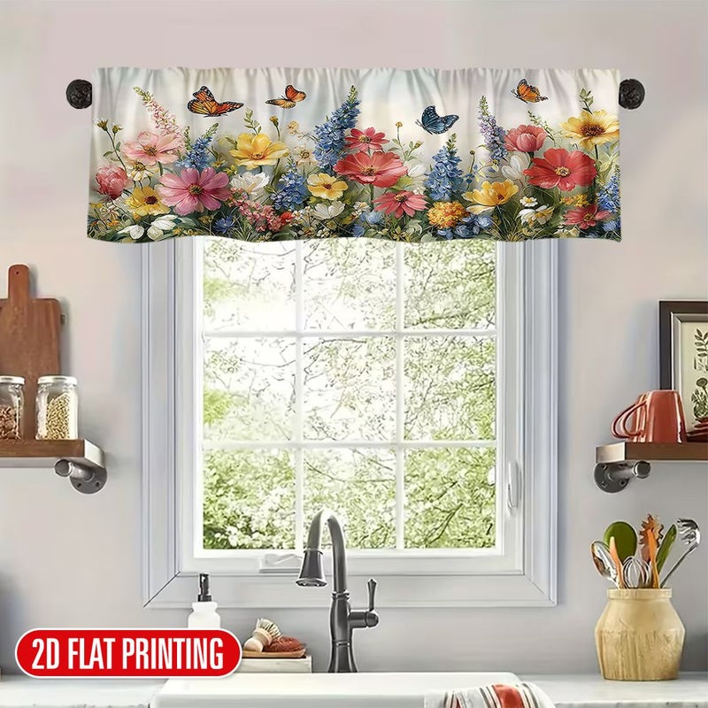 ستائر مسطحة ثنائية الأبعاد مطبوعة بأزهار الربيع والفراشات مقاس 54×17.7 بوصة، بتصميم جيب قضيب، سهلة التركيب، مناسبة للمطبخ والحمام وغرفة الغسيل وغرفة النوم، ديكور نافذة بأجواء احتفالية. - Image 1