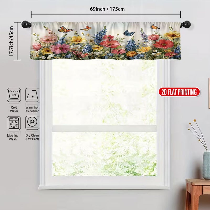 ستائر مسطحة ثنائية الأبعاد مطبوعة بأزهار الربيع والفراشات مقاس 54×17.7 بوصة، بتصميم جيب قضيب، سهلة التركيب، مناسبة للمطبخ والحمام وغرفة الغسيل وغرفة النوم، ديكور نافذة بأجواء احتفالية. - Image 4