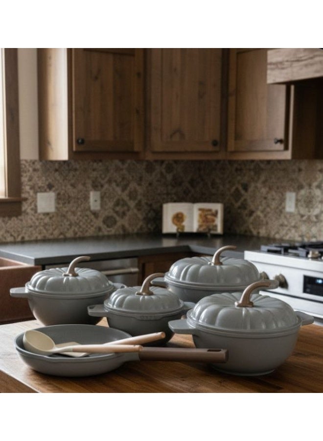 Pumpkin Granite Cookware Set: 3 pots (20/24/28 cm) + 28 cm casserole with lid + 26 cm frying pan + 2 serving utensils