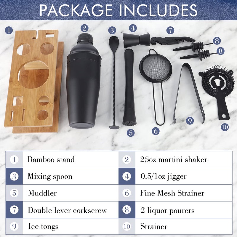 JNWINOG 11Pcs-Cocktail Shaker Set Black Bartending Kit 25oz Cocktail Bar Set Cocktail Mix Drink Making Kit Professional Bar and Home Drink Bar Tools for Bartender(Matte Black) - Image 3