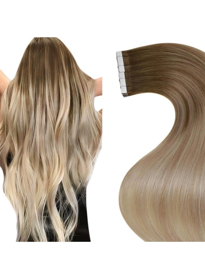 LaaVoo Tape In Hair Extensions Ombre Tape In Extensions Human Hair Balayage Light Brown To Ash Blonde Mix Platinum Blonde Hair Extensions Tape In Human Hair Seamless 18 Inch 20Pcs 50G - Image 1