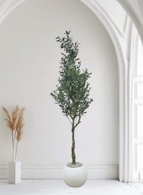 Tall Artificial Olive Tree with Large Artificial Olive Plant with Fake Olive Gifts and Fruits for Modern Decoration at Home, Office or Living Room Indoor. 215 cm
