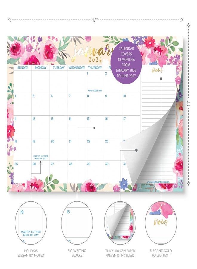 Sweetzer & Orange S&O Watercolor Floral Large Desk Calendar from January 2026 to June 2027 - Tear-Away Table Calendar 2026-2027 - Desktop Blotter - Academic Desk Planner - Desk Pad Large - 11x17in - Image 3