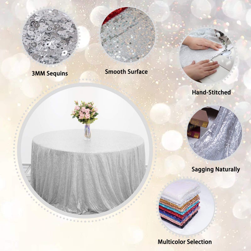 TCBESTO Silver Sequin Tablecloth 108" Round Sparkly Table Cover Glitter Table Overlay for Party Dinner Festival Wedding Exhibition Dessert - Image 3