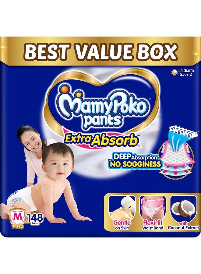 MamyPoko Pants Extra Absorb Baby Diapers, Medium (M size) | 7-12 kg | 148 Count |Deep Sleep Diapers| Soft gentle fit |Deep Absorbent Crisscross | skin friendly with coconut oil | (74 count, Pack of 2)